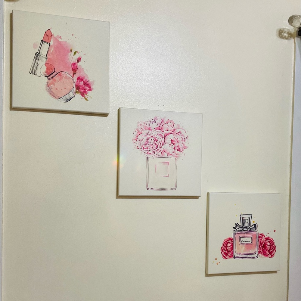 Pink Floral and Makeup Canvas Wall Art Set